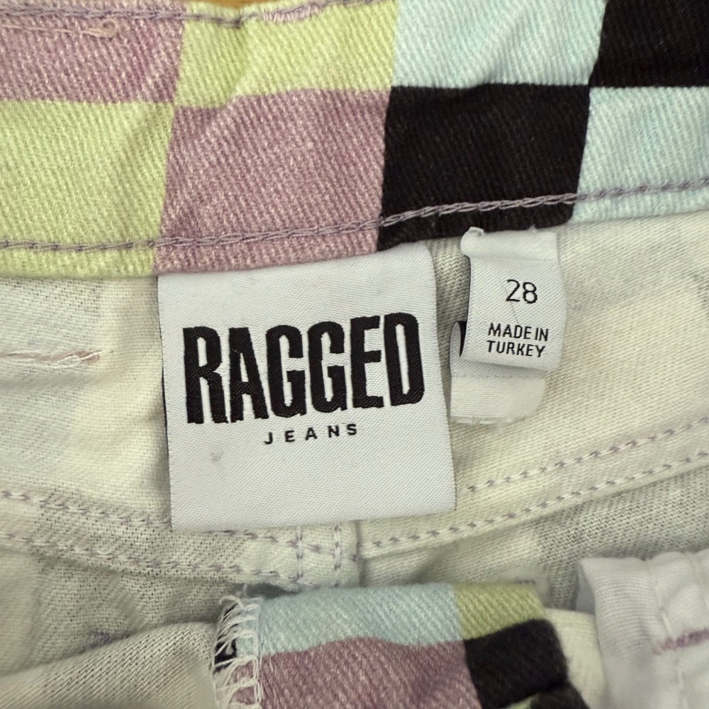 RAGGED JEANS Pixel Print Denim‎ Cutoff Shorts Women Sz 28 Gingham Frayed Hem - Picture 2 of 6